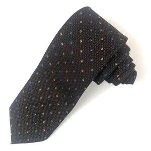 Vintage Wembley Wash 'N Wear Tie Brown Micro-Dot Blue Gold Geometric Print 3."